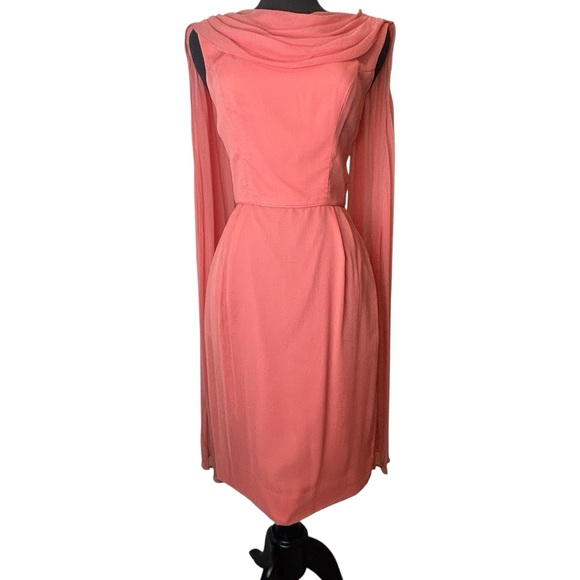 Retro Vintage 60s Coral Chiffon Draped Neckline Dress – Elegant Sleeveless Small - Picture 2 of 15